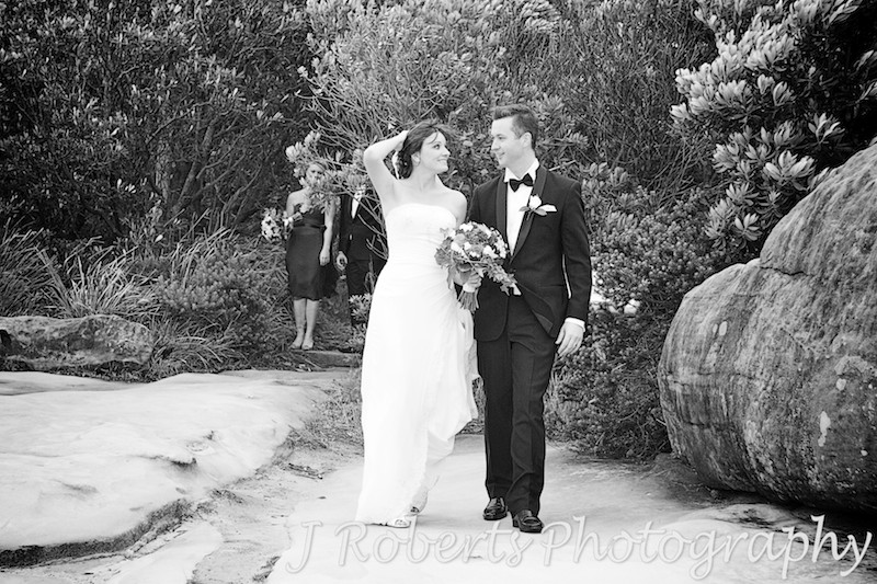bride and groom walking at Watsons bay - wedding photography sydney